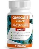 Omega-3 vegan FORTE - 60 Kapseln - 2000 mg Algenöl pro Tag - hochdosiert mit 630mg DHA + 420 mg EPA...